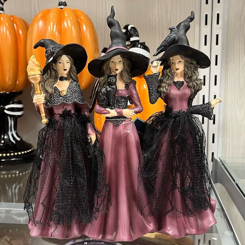 Eerie Charm Halloween Triple Witch Sisters Gothic Raven Torch Figurine Decor